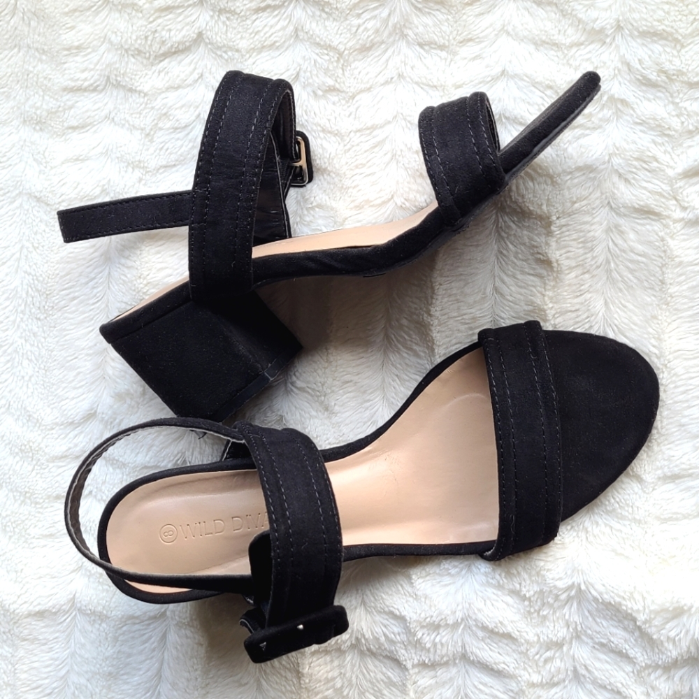 Faux suede black dress sandals chunky heel